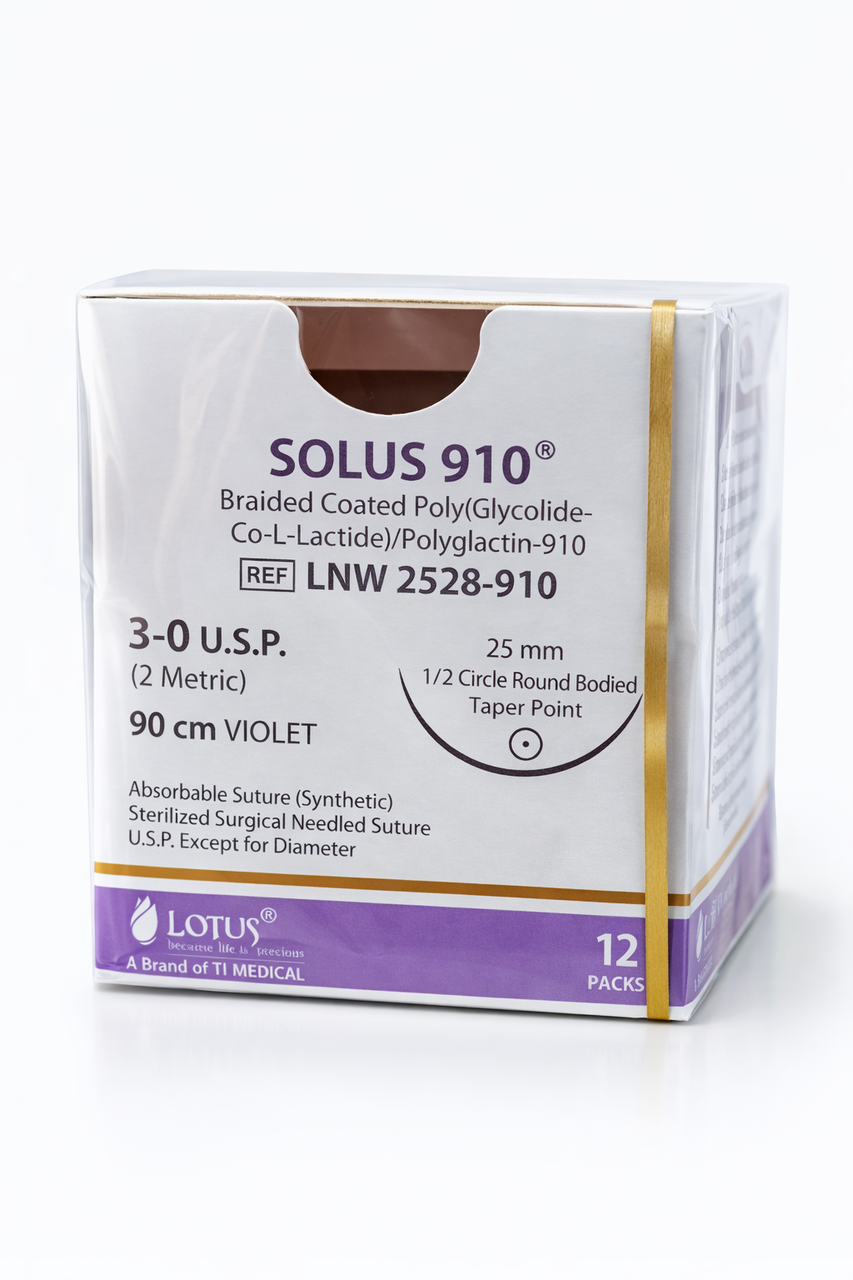 Хирургический шовный материал SOLUS-910 рассасывающийся, Metric 2, USP 3-0, 90 см, 1 игла, 25 мм, изгиб 1/2