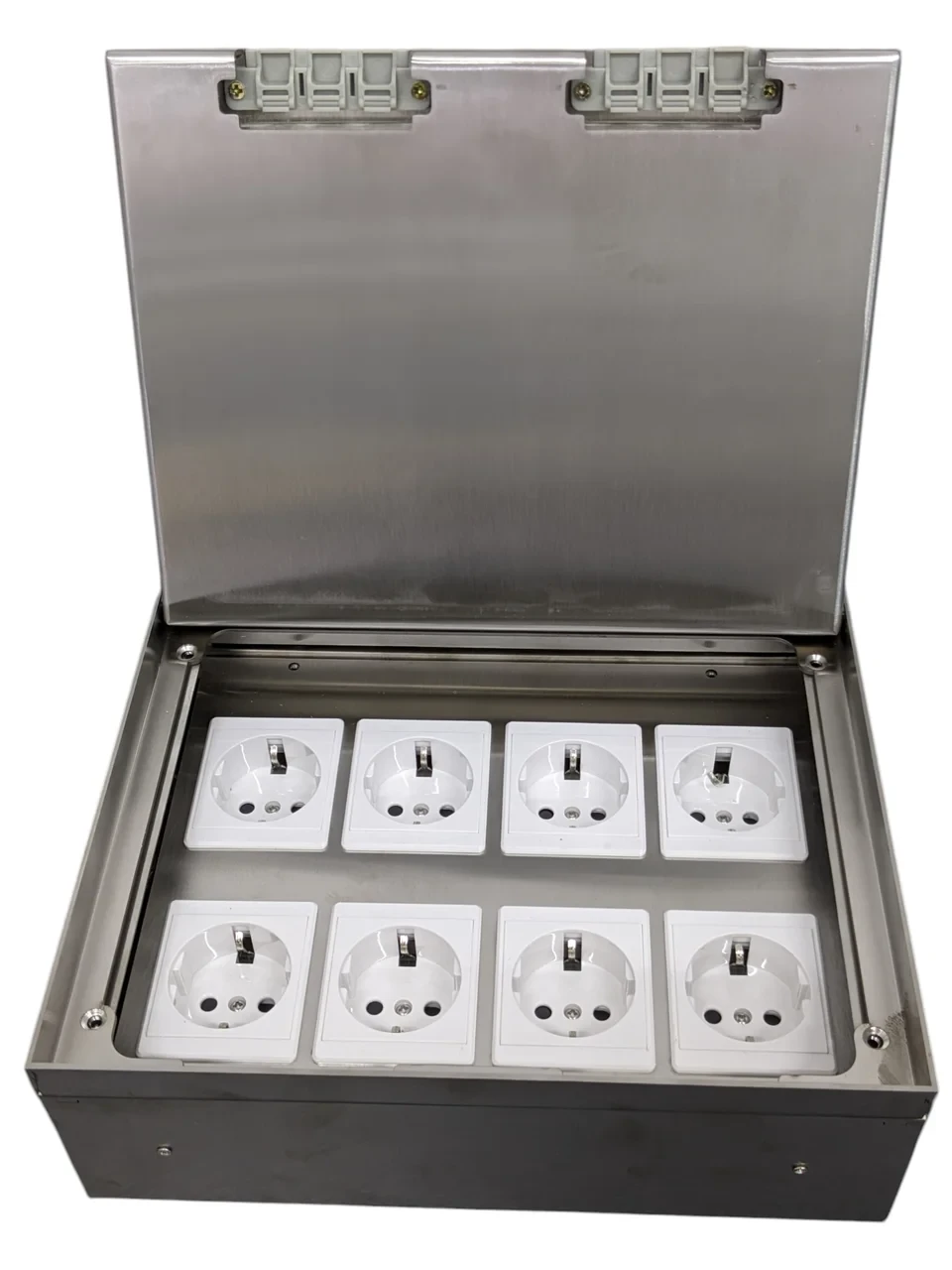 Напольный лючок 8 постов (16 модулей 22,5×45) из нержавеющей стали, IP44 — внутрипольный блок под розетки и связь, фото 1