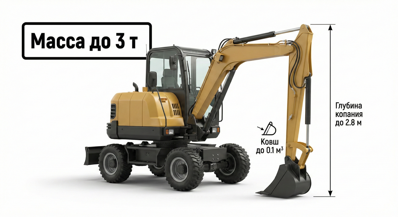 Мини-экскаватор колесный до 3 т | глубина 2.8 м | ковш 0.1 м³