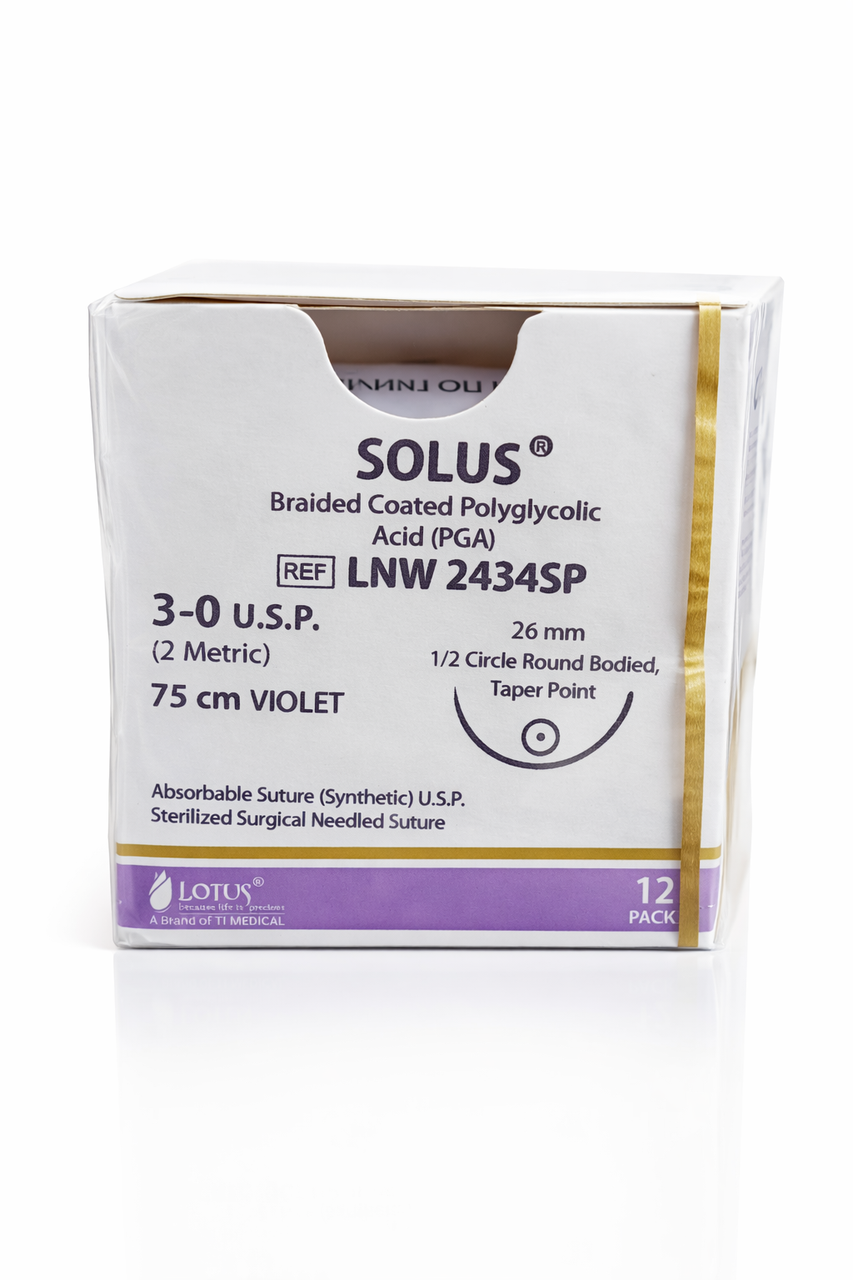 Хирургический шовный материал SOLUS рассасывающийся, Metric 2, USP 3-0, 75 см, 1 игла, 26 мм, изгиб 1/2