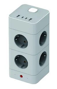 Сетевой фильтр-удлинитель “Башня” DET-308, 8 розеток + 2 USB + 2 Type-C, быстрая зарядка 3A, 1.5 м, 16A / 3680W, белый