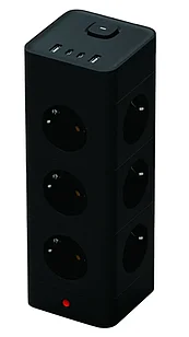 Сетевой фильтр DET-312 чёрный на 12 розеток с 2 USB и 2 Type-C, 3A, быстрая зарядка (3×1,5 мм²)