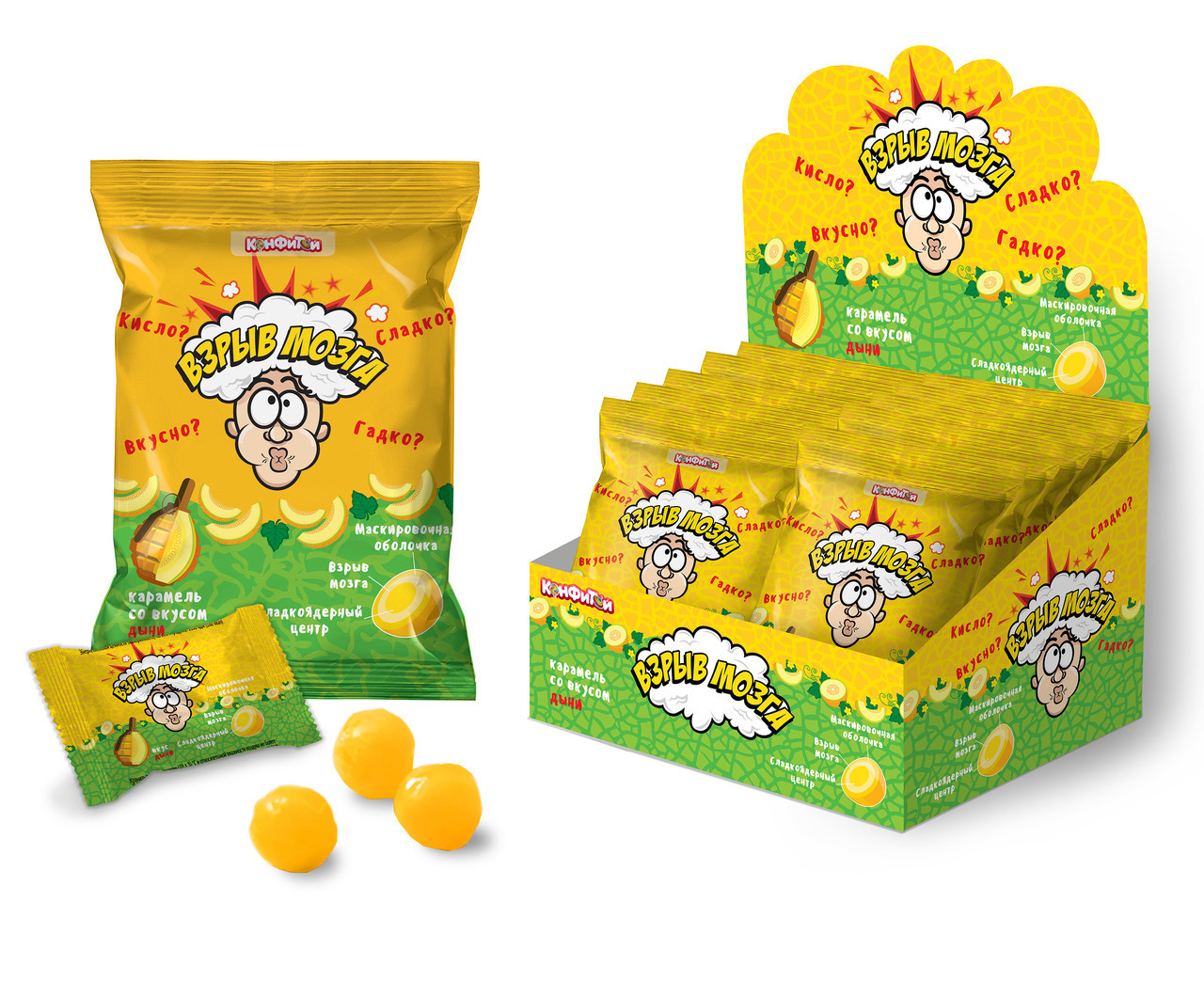 Суперкислая карамель "ВЗРЫВ МОЗГА" со вкусом ДЫНИ  пакет  15гр   /24шт-упак