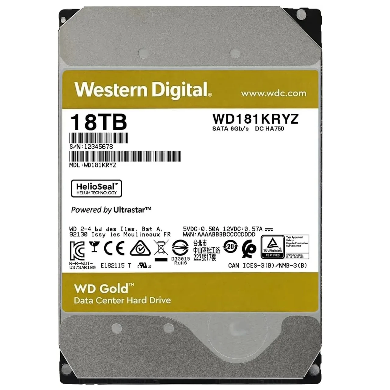 Жёсткий диск HDD 18 Tb SATA 6Gb/s Western Digital Gold WD181KRYZ  3.5" 7200rpm 512Mb