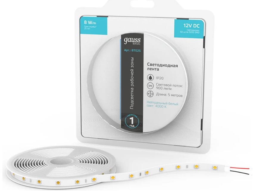 Лента Gauss Basic LED 5050/60 12V 8W/m 900lm/m 4000K 10mm IP20 5m 1/100