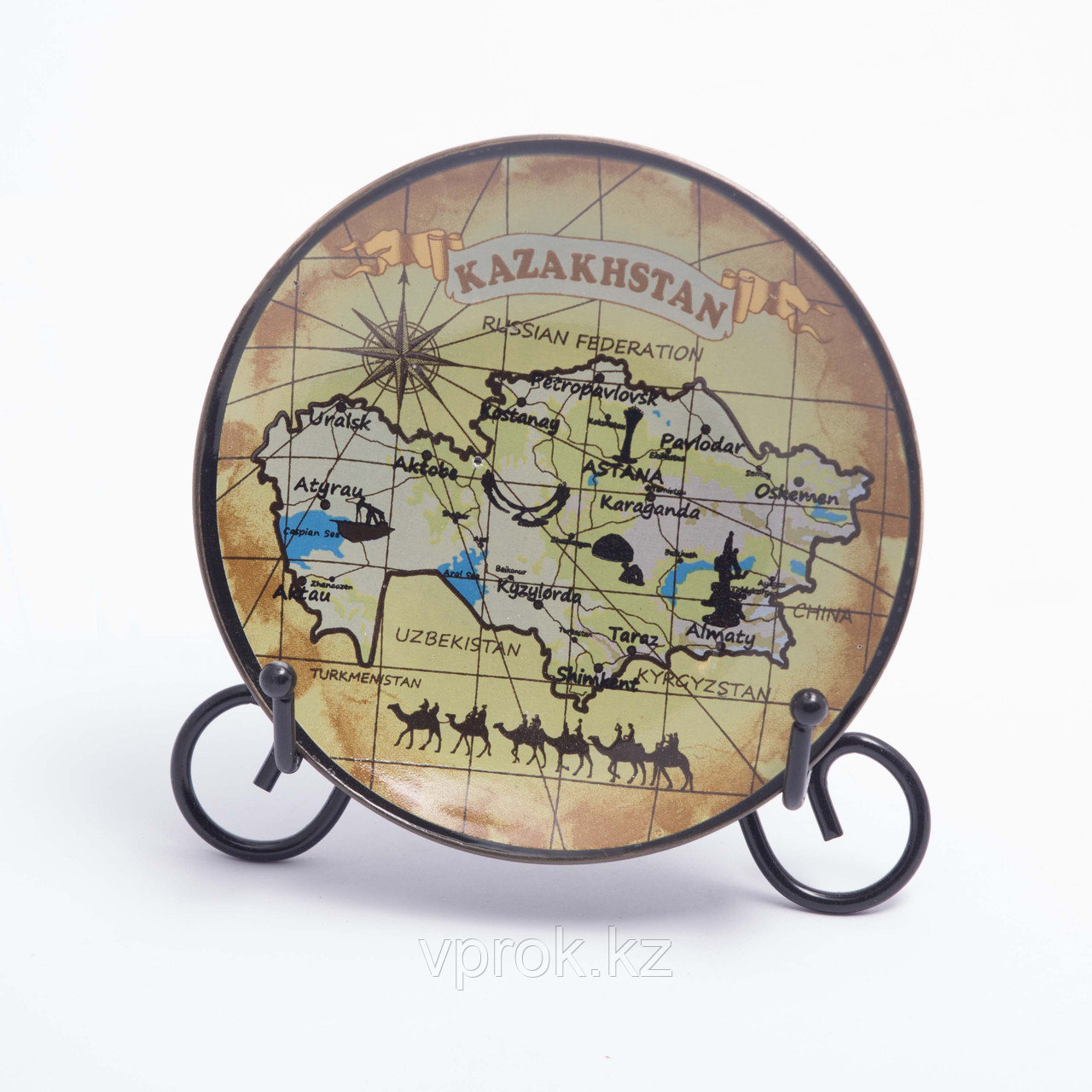 Сувенирная тарелка "Карта Казахстана" 10*10 см
