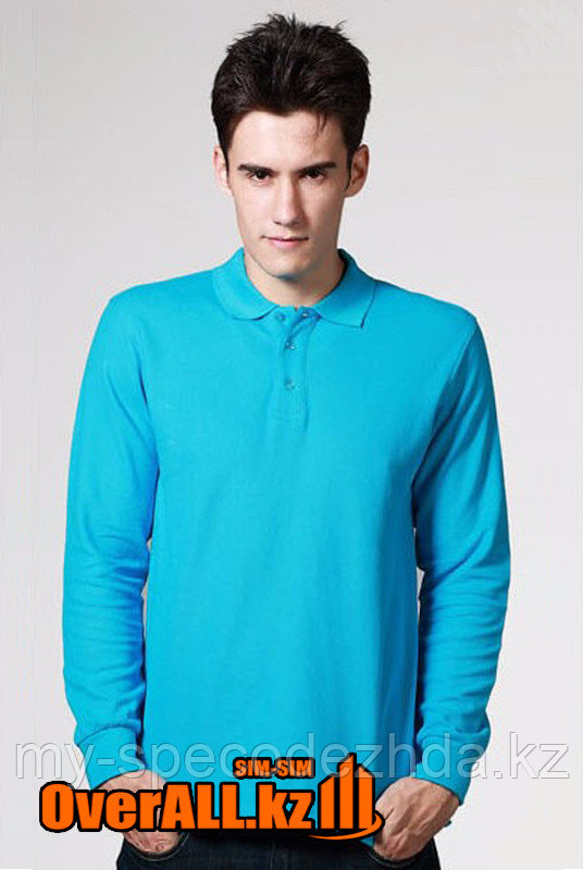 Синий лонгслив-поло, мужская футболка-поло с длинным рукавом