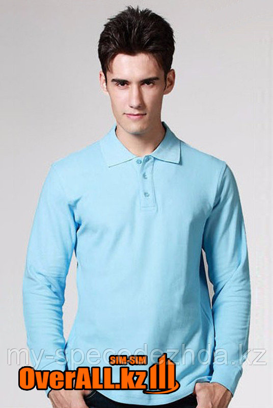 Голубой лонгслив-поло, мужская футболка-поло с длинным рукавом