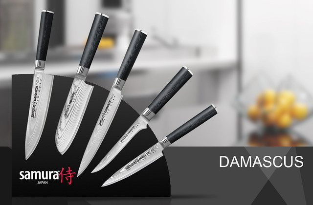 Набор из 5 кухонных стальных ножей Damascus и подставка - фото 1 - id-p1123086