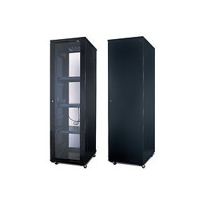 Шкаф напольный 22U, 600*800*1200, цвет чёрный, передняя дверь перфорированная,  2 полки, блок вентилятора