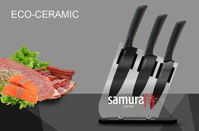 Набор из трех черных керамических ножей и подставки SAMURA ECO-CERAMIC - фото 1 - id-p1389799