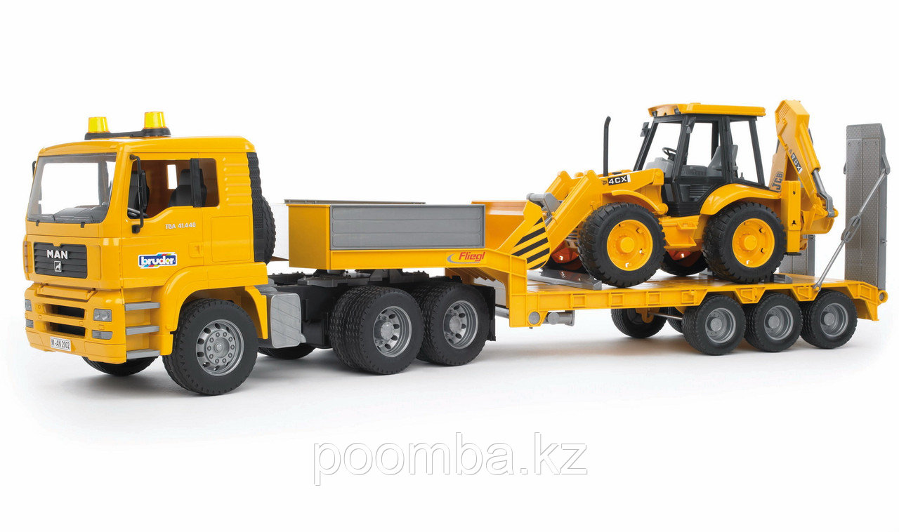 Тягач с прицепом–платформой MAN с колёсным экскаватором–погрузчиком JCB 4CX Bruder (Брудер) (