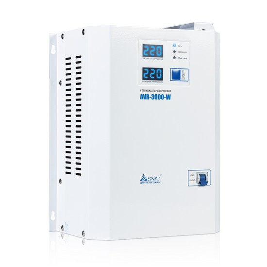 Стабилизатор (AVR), SVC, AVR-3000-W(3000Вт), LED-дисплей, Диапазон работы AVR: 140-280В, Клеммная колодка, Длина кабеля 1.2 м., Белый