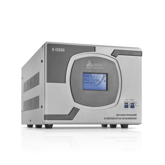 Стабилизатор (AVR), SVC, R-12000(10000Вт), LCD-дисплей, Диапазон работы AVR: 110-275В, Клеммная колодка, Серый