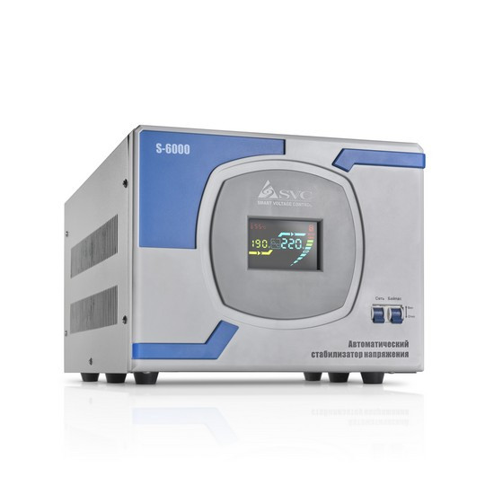 Стабилизатор (AVR), SVC, S-6000(5000Вт), Сервоприводный, LCD-дисплей, Диапазон работы AVR: 140-260В, Клеммная колодка, Серо-синий