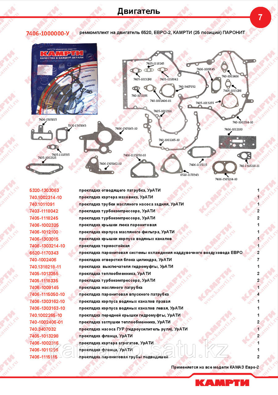 7406-1000000-У р/к паронит на двиг. 6520, ЕВРО-2 КАМРТИ (25 поз) - фото 1 - id-p31089161