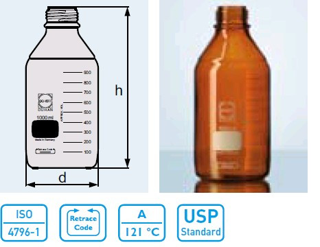 Бутыль для химреактивов с пластмассовой завинчивающейся крышкой d-45 мм, со шкалой (500 мл) из темного стекла (Duran)