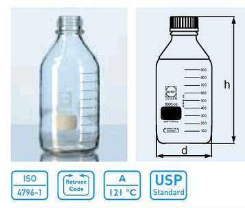 Бутыль для химреактивов с пластмассовой завинчивающейся крышкой d-45 мм, со шкалой (250 мл) с пластик. покрытием (Duran)