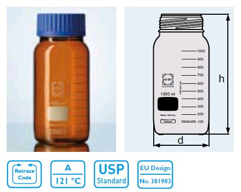 Бутыль для химреактивов с пластмассовой завинчивающейся крышкой d-80 мм, со шкалой (2000 мл) из темного стекла (Duran)