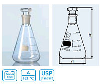 Колба коническая КН-1-100 со шлифом и шкалой, горловина 29/32, с пустотелой стеклянной пришлифованной пробкой (Duran)
