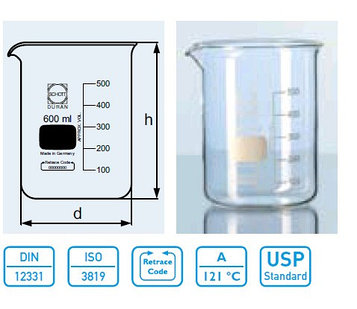 Стакан лабораторный низкий Н1-2000 мл с делениями (Duran)