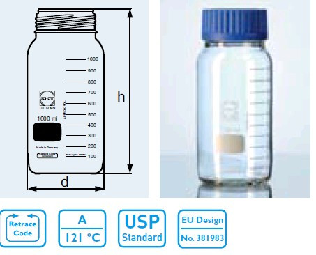 Бутыль для химреактивов с пластмассовой завинчивающейся крышкой d-80 мм, со шкалой (1000 мл) (Duran)