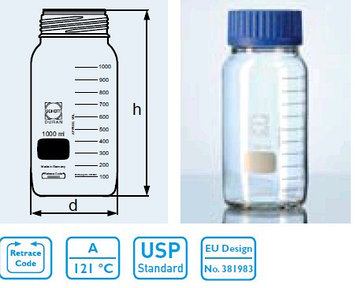 Бутыль для химреактивов с пластмассовой завинчивающейся крышкой d-80 мм, со шкалой (1000 мл) (Duran)