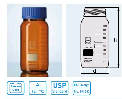 Бутыль для химреактивов с пластмассовой завинчивающейся крышкой d-80 мм, со шкалой (1000 мл) с пластик.покрытием (Duran)