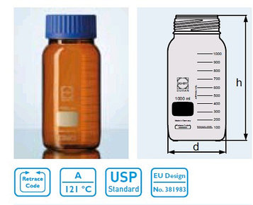 Бутыль для химреактивов с пластмассовой завинчивающейся крышкой d-80 мм, со шкалой (1000 мл) с пластик.покрытием (Duran)