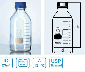 Бутыль для химреактивов с пластмассовой завинчивающейся крышкой d-45 мм, со шкалой (1000 мл) (Duran)
