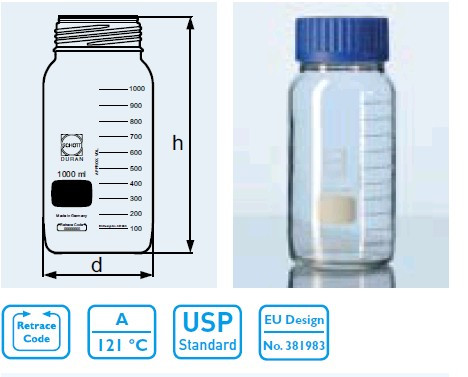 Бутыль для химреактивов с пластмассовой завинчивающейся крышкой d-80 мм, со шкалой (2000 мл) с пластик.покрытием (Duran) - фото 1 - id-p32187892