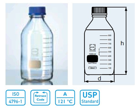 Бутыль для химреактивов с пластмассовой завинчивающейся крышкой d-45 мм, со шкалой (2000 мл) (Duran)