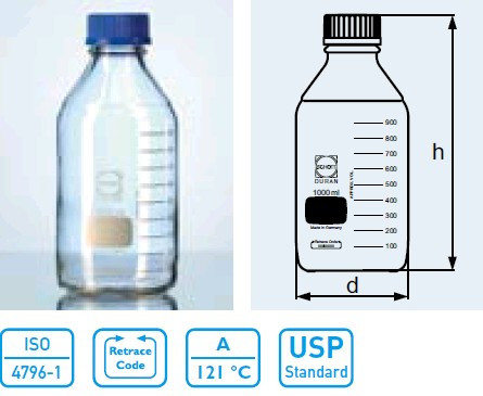 Бутыль для химреактивов с пластмассовой завинчивающейся крышкой d-45 мм, со шкалой (3500 мл) (Duran)