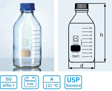 Бутыль для химреактивов с пластмассовой завинчивающейся крышкой d-45 мм, со шкалой (3500 мл) (Duran)