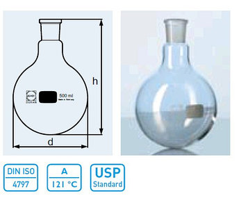 Колба круглодонная К-1-2000 со шлифом 29/32, короткая горловина (Duran)