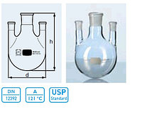 Колба круглодонная КГП-3-1-2000 с 3-мя параллельными горловинами со шлифами 29/32-14/23-14/23 (Duran)