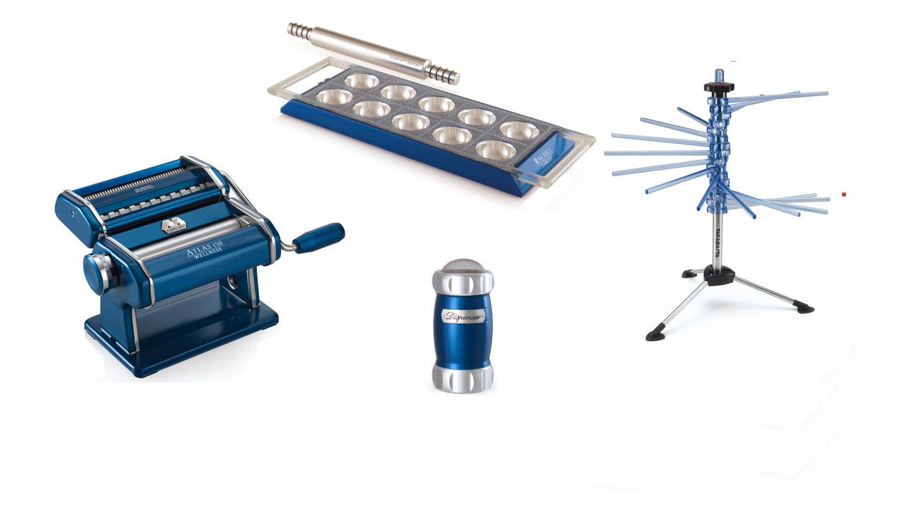 Marcato Pasta Set Le Cadeau Blu, лапшерезка ручная тестораскатка, стойка для лапши, пельменница, сито для муки