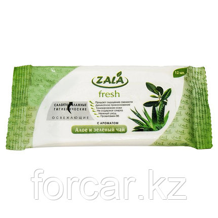 Салфетки влажные гигиенические ZALA «FRESH» освежающие с ароматом «Алое и зеленый чай» 12 шт, фото 2