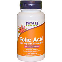 Фолиевая кислота с витамином B12, 800 мкг, 250 таблеток. Now Foods