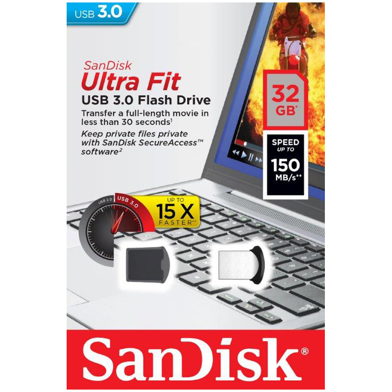 Память SanDisk USB Flash 32GB CZ43 Ultra Fit USB 3.0 хром - фото 1 - id-p35743862