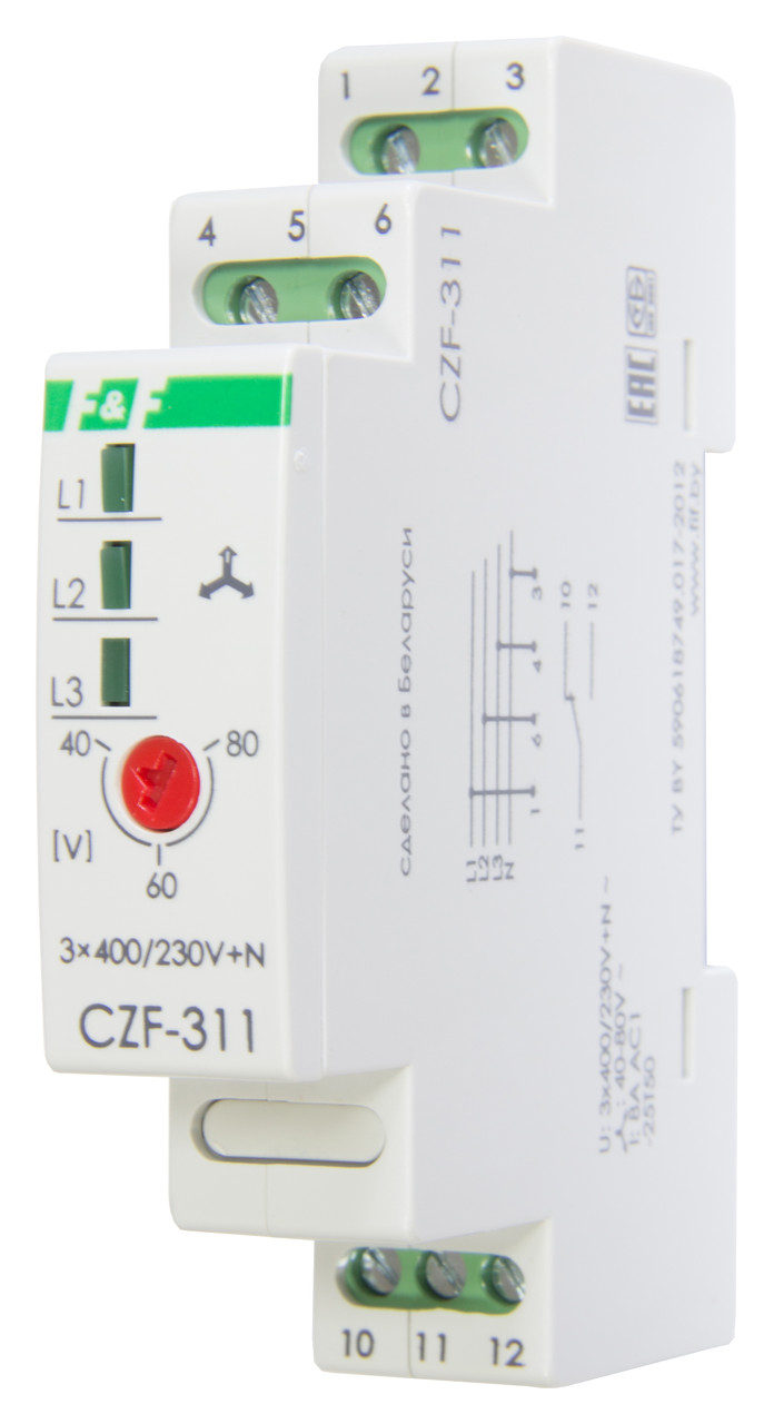 CZF-311 Реле контроля Фаз, Асимметрия регулируемая 40-80 В, 1НО/НЗ, min 160В, задержка отключения 3-5 с