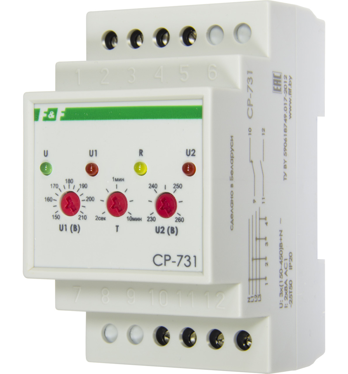 CP-731 Реле напряжения, контроль асимметрии, чередования, слипания фаз, контакт 1NO, 1NC, 8 А.