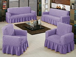 Натяжные чехлы на диван большой и 2 кресла. Цвет -  сиреневый.