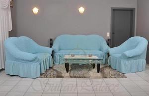 Натяжные чехлы на диван большой и 2 кресла. Цвет - голубой