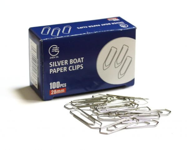 Скрепки 28мм, 100шт, "форма лодки", никелированные  Zhenda, фото 1