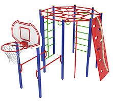 Детский комплекс с баскетбольным щитом, скалодромом с канатом, рукоходом круговым, брусьями