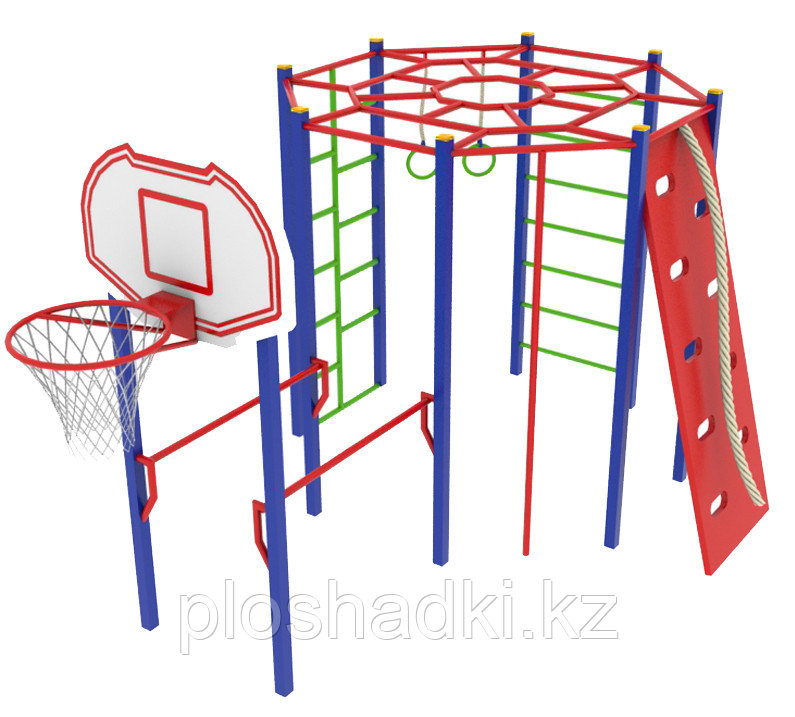 Детский комплекс с баскетбольным щитом, скалодромом с канатом, рукоходом круговым, брусьями