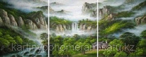 Картина по номерам "Водопад в зеленом лесу ", триптих