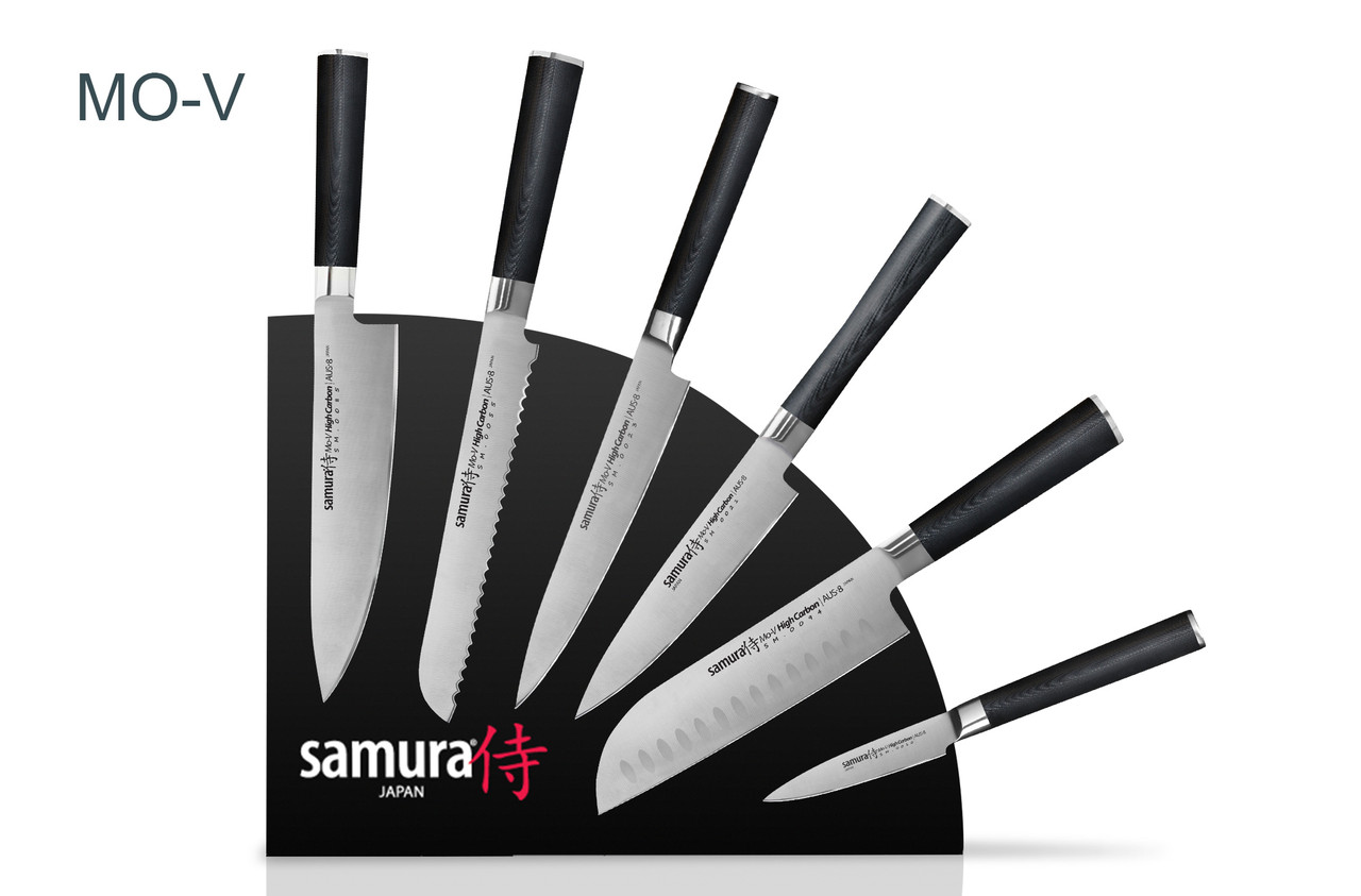 Набор из 6 кухонных стальных ножей Samura Mo-V и подставка - фото 1 - id-p20182224