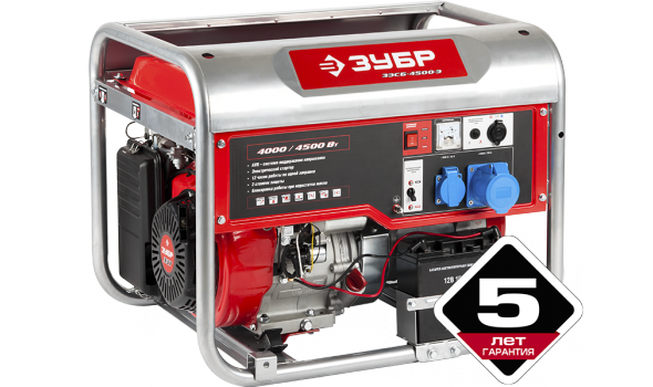 Генератор ЗУБР бензиновый, 4-х тактный, ручной и электрический пуск, автоматический пуск, 4500/4000 Вт, 220/12